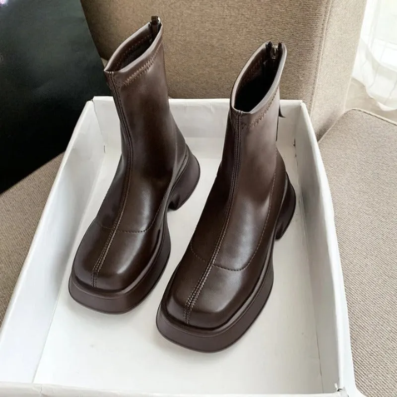 Back Zipper Soft Leather Thick Sole Boots