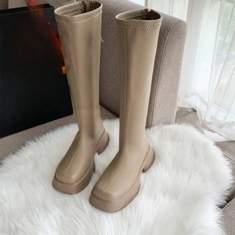 Back Zipper Soft Leather Thick Sole Boots