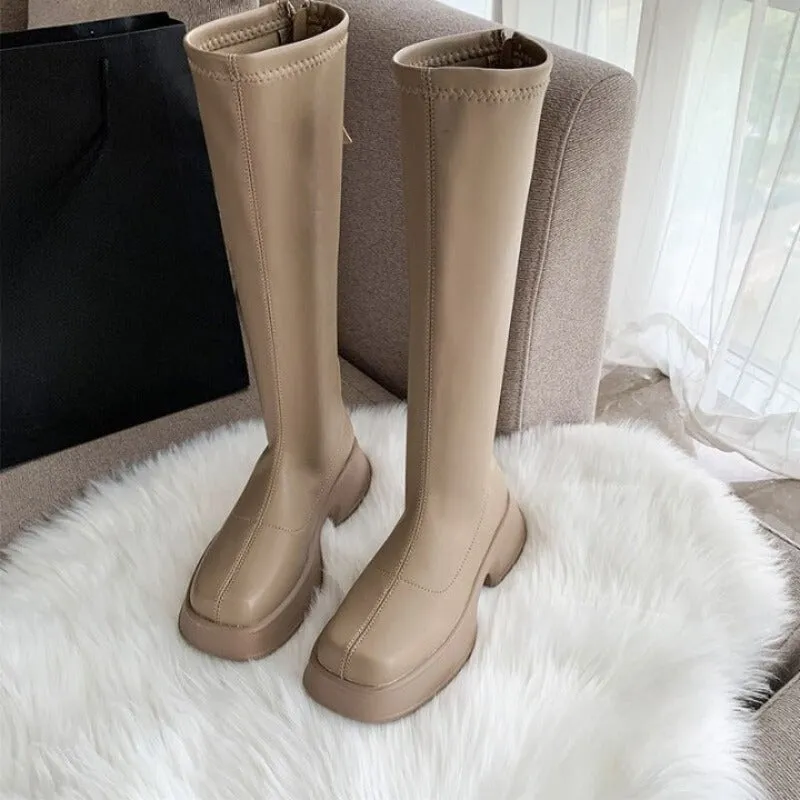 Back Zipper Soft Leather Thick Sole Boots