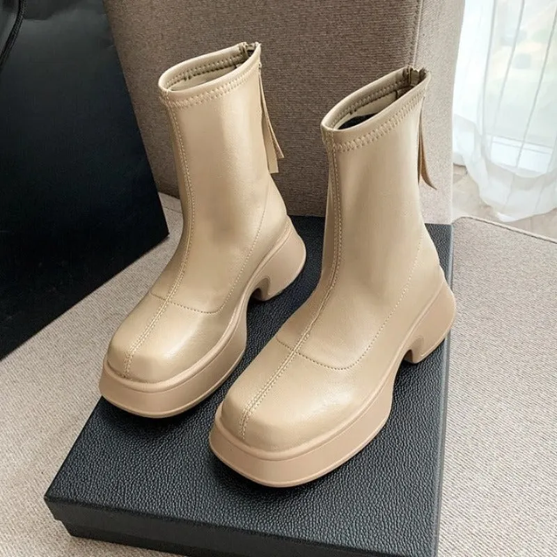 Back Zipper Soft Leather Thick Sole Boots