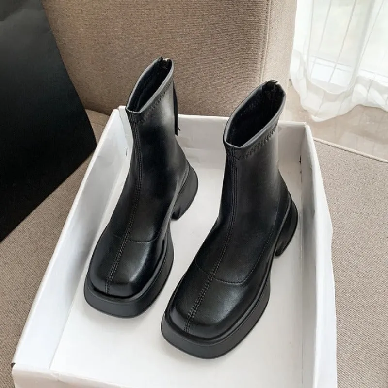 Back Zipper Soft Leather Thick Sole Boots