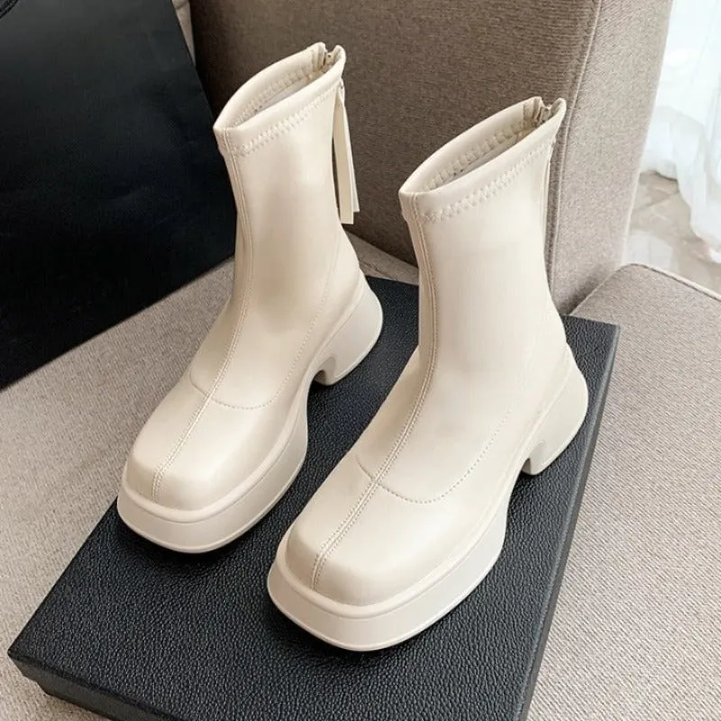 Back Zipper Soft Leather Thick Sole Boots