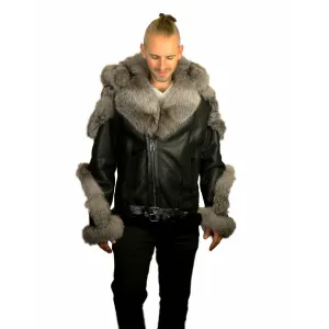 Barya Men's Sheepskin Winter Shearling Moto Jacket with Fox Trim