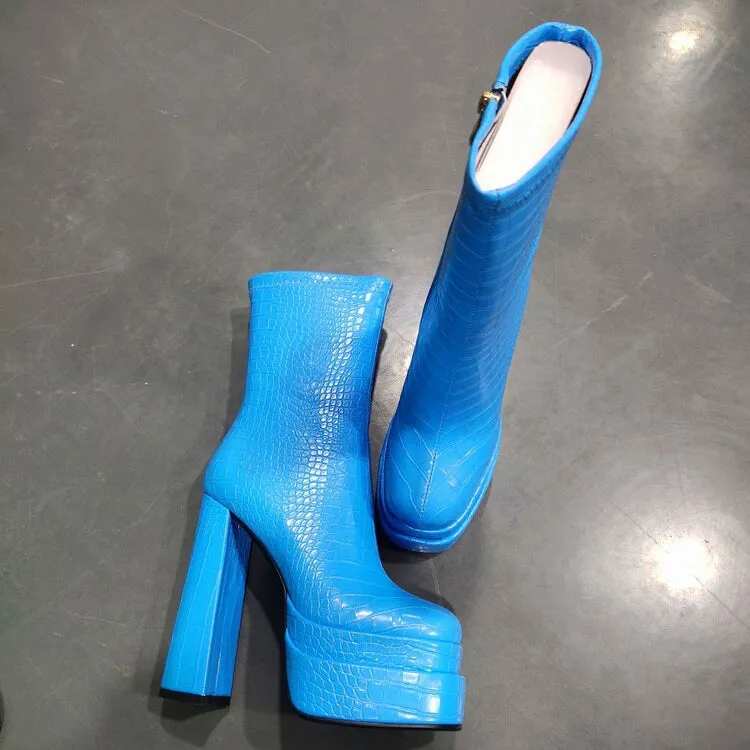 Croc Leather Platform Chunky Heel Women Zipper Boots