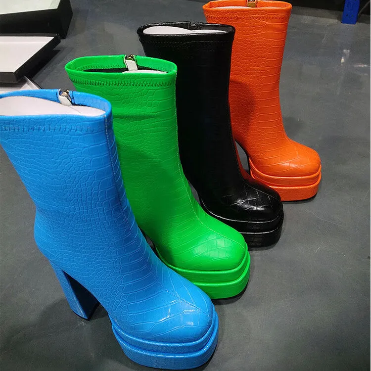 Croc Leather Platform Chunky Heel Women Zipper Boots