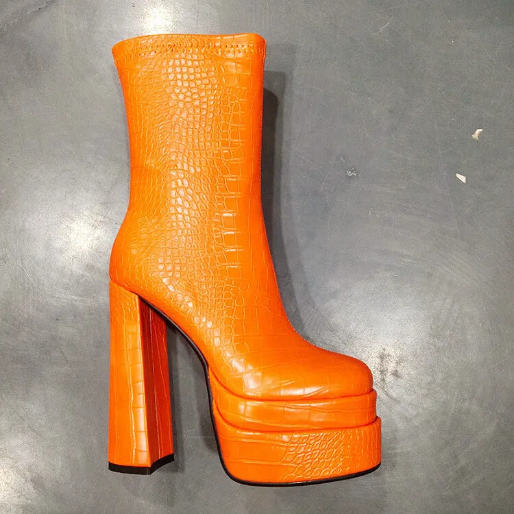Croc Leather Platform Chunky Heel Women Zipper Boots