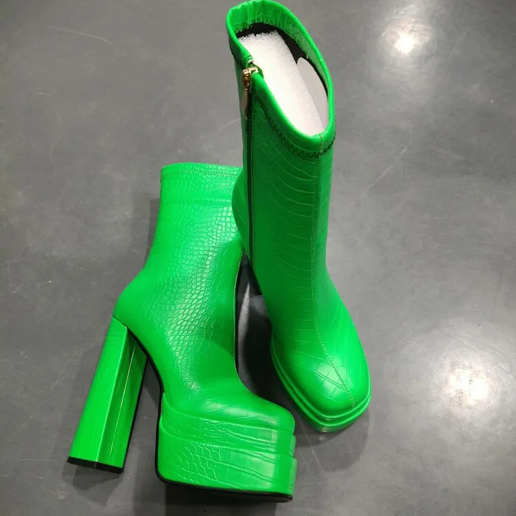 Croc Leather Platform Chunky Heel Women Zipper Boots
