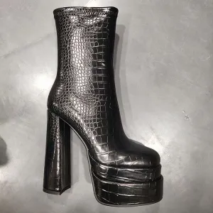Croc Leather Platform Chunky Heel Women Zipper Boots