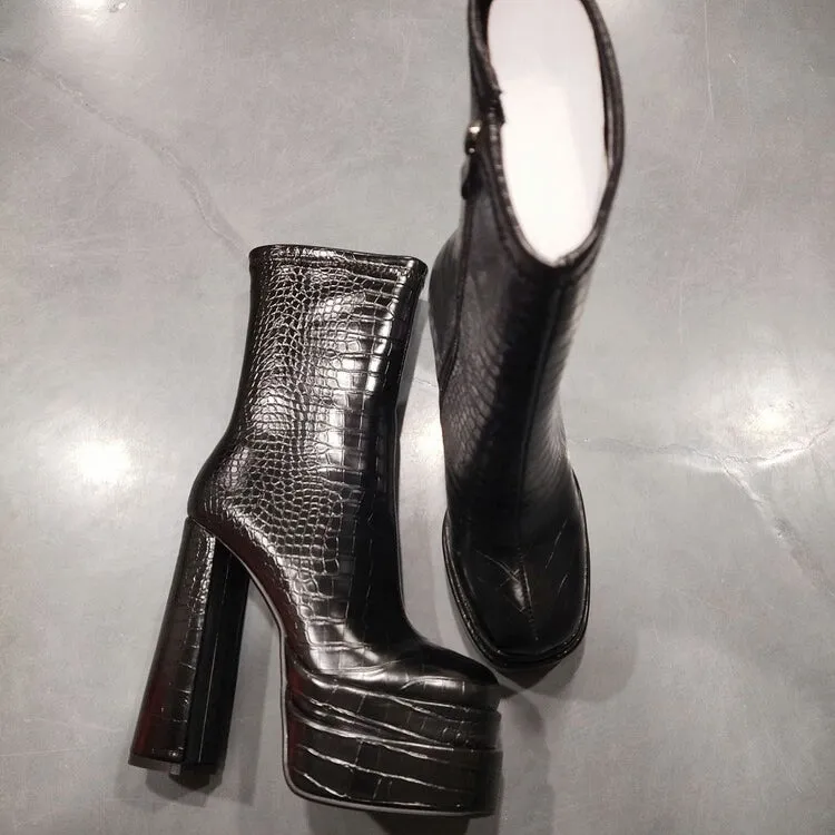 Croc Leather Platform Chunky Heel Women Zipper Boots