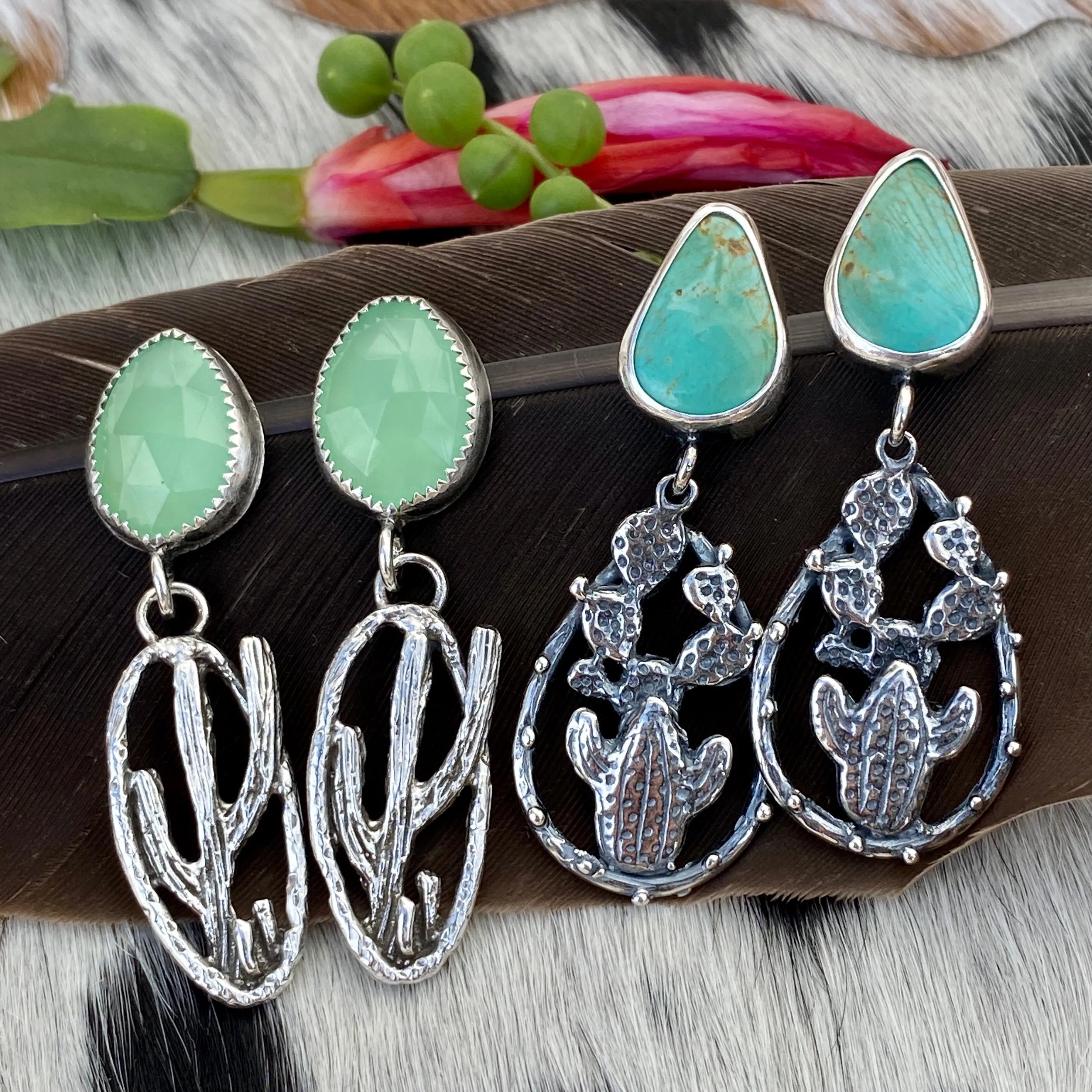 Desert Dweller Turquoise Cactus Scene hand cast Sterling Silver Earrings