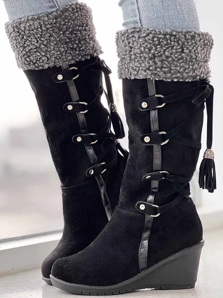 Fuzzy Tassel Wedge Calf Boots