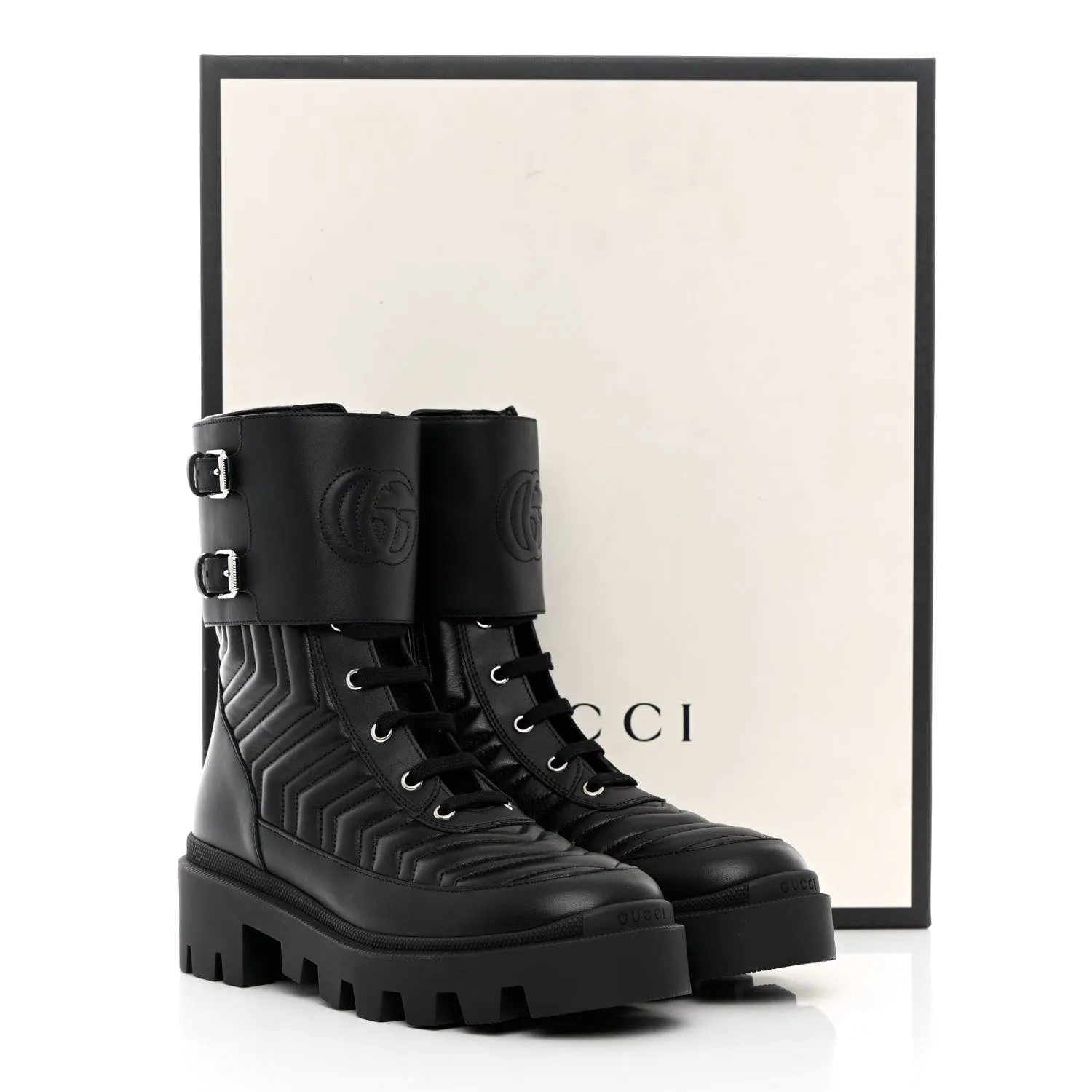 GUCCI GG NAPPA LEATHER FRANCES MATELASSE PLATFORM COMBAT BOOTS