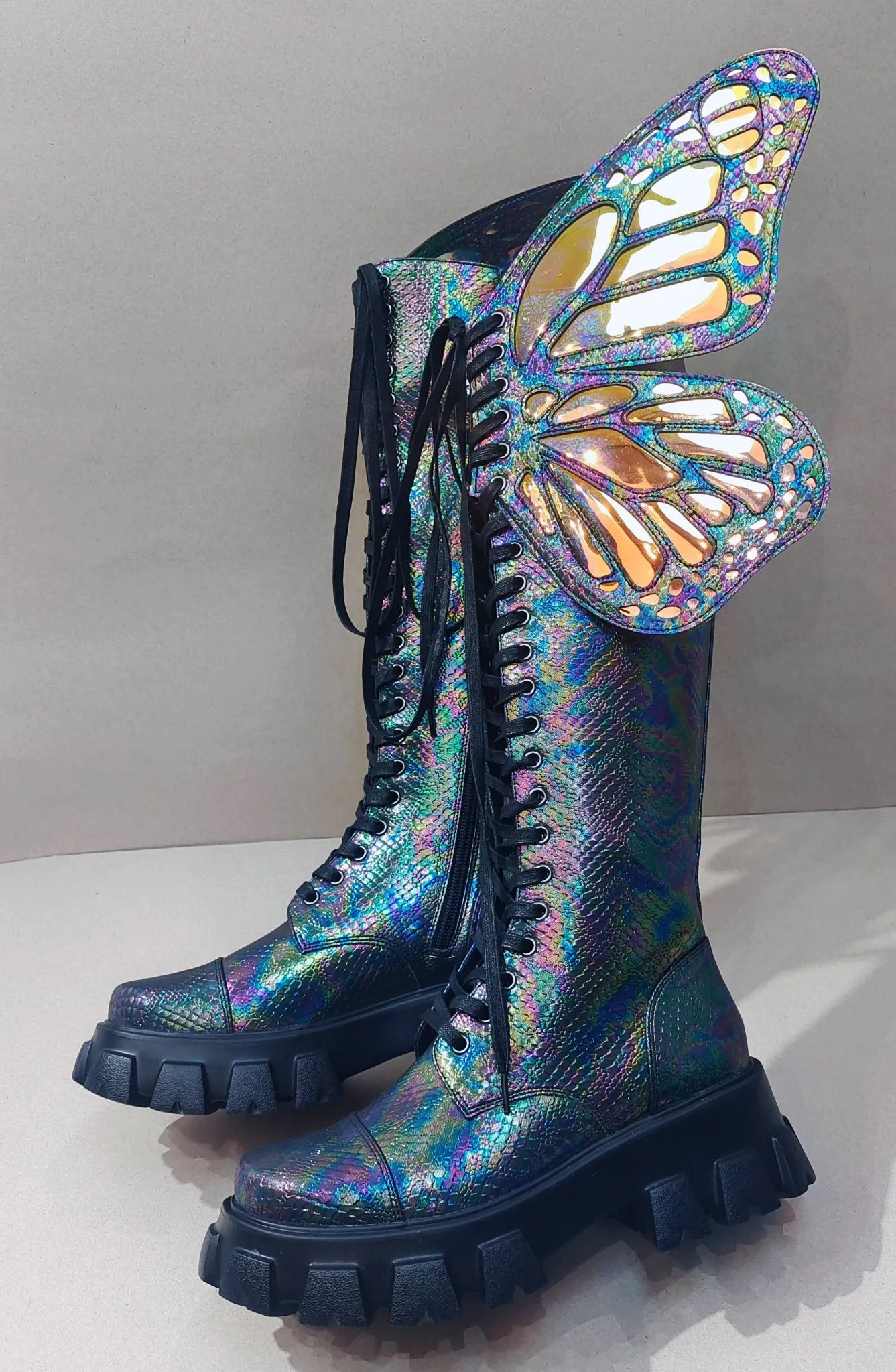 Holographic Winged Platform Boots – Bold & Futuristic