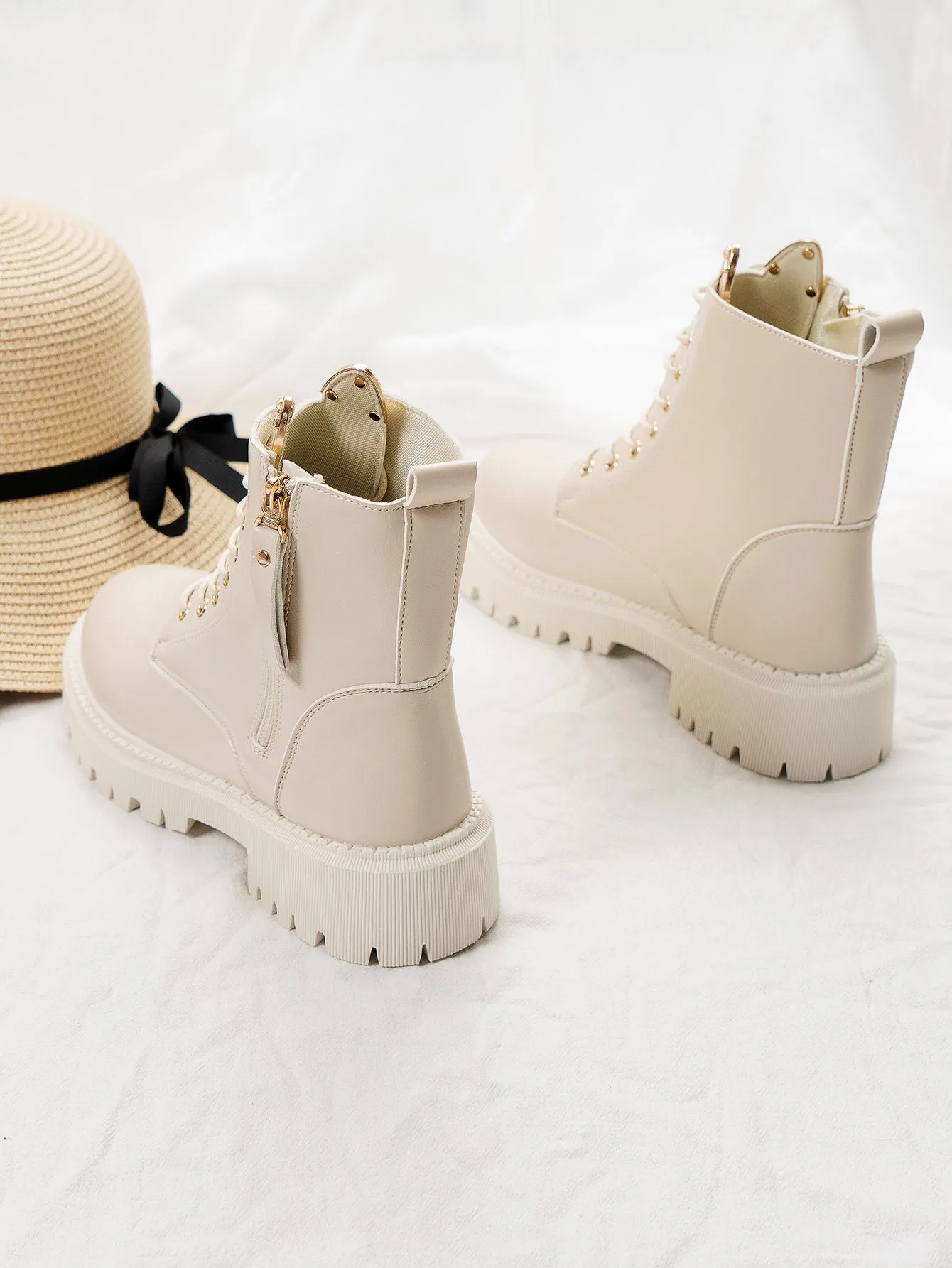 Lace-Up Front Side Zipper Combat Boots