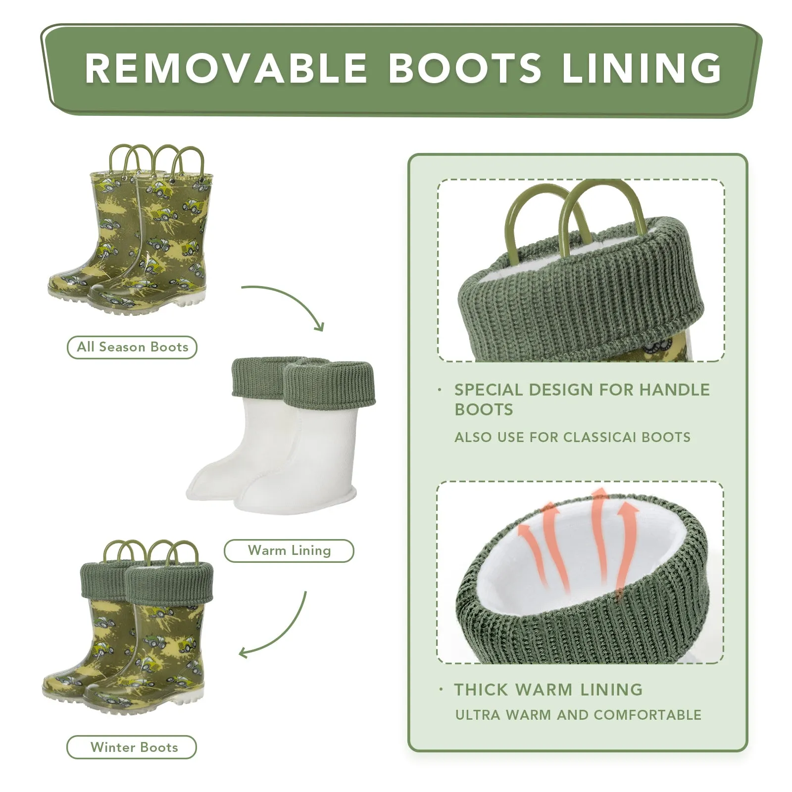 Light Up Kids Removable Warm Rain Boots