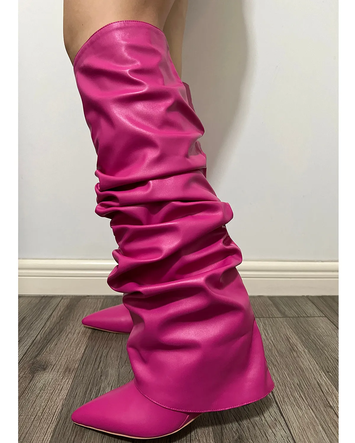 Matte leather wrinkle wedge knee high boots