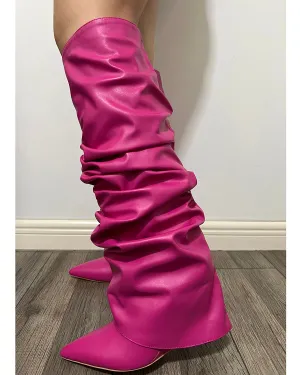 Matte leather wrinkle wedge knee high boots