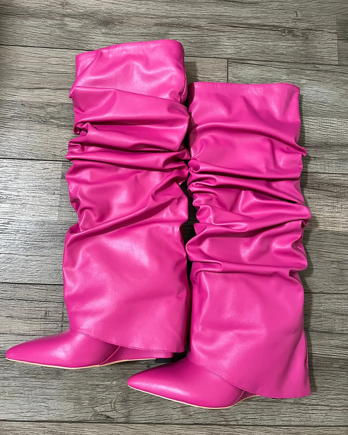 Matte leather wrinkle wedge knee high boots