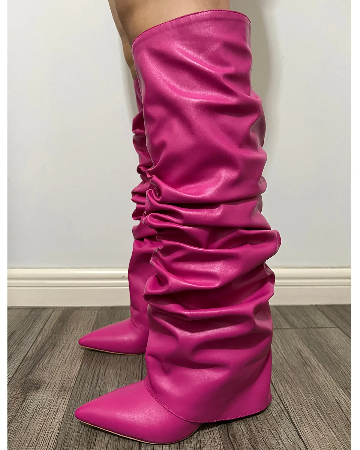 Matte leather wrinkle wedge knee high boots