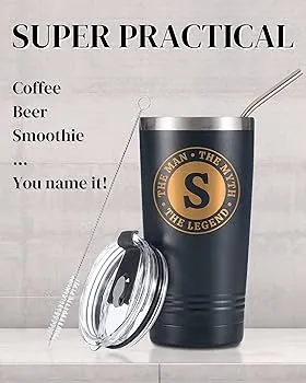New in box! The Man the Myth the Legend - Initial Mug, Monogram Stainless Steel Mug for Men 20 Oz. Our Monogram has issues as shown, othewrise it is perfect!