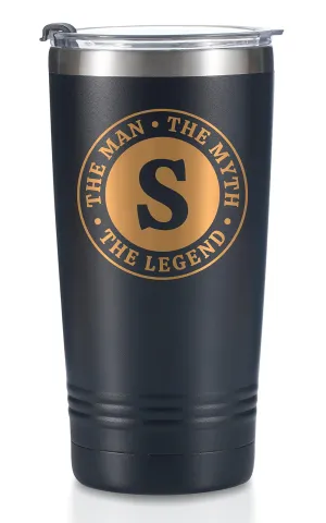 New in box! The Man the Myth the Legend - Initial Mug, Monogram Stainless Steel Mug for Men 20 Oz. Our Monogram has issues as shown, othewrise it is perfect!