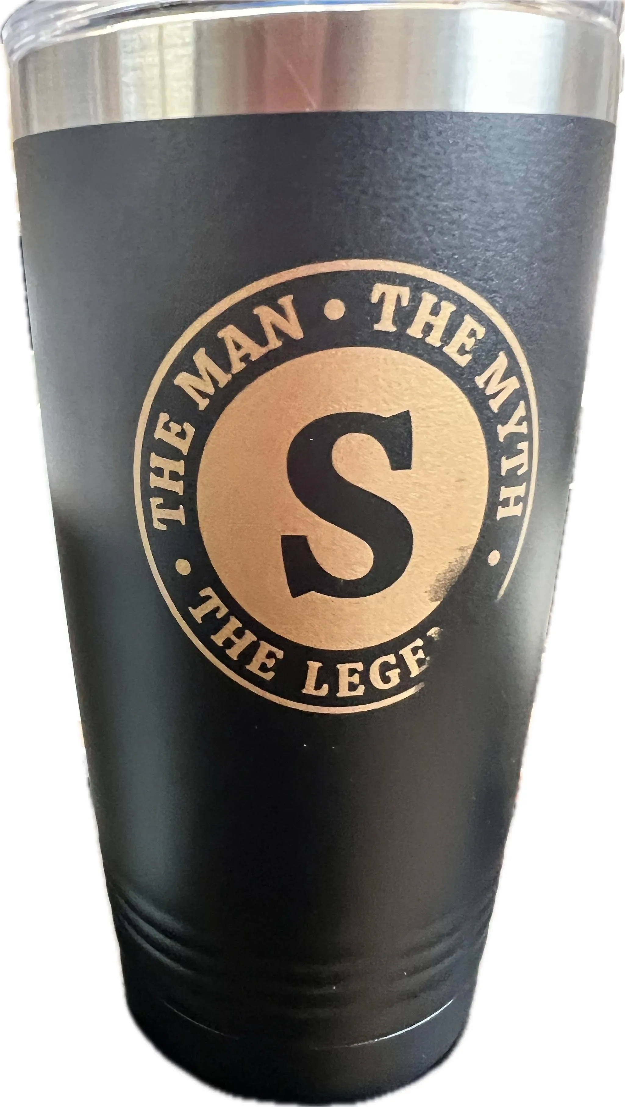 New in box! The Man the Myth the Legend - Initial Mug, Monogram Stainless Steel Mug for Men 20 Oz. Our Monogram has issues as shown, othewrise it is perfect!