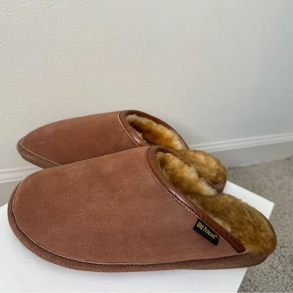 Old Friend Men’s Wide Sheepskin-lined Scuff Slipper Leather Size 9-10