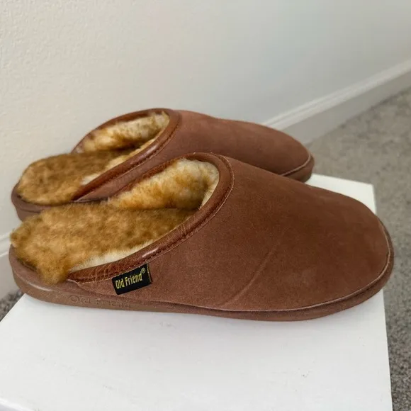 Old Friend Men’s Wide Sheepskin-lined Scuff Slipper Leather Size 9-10