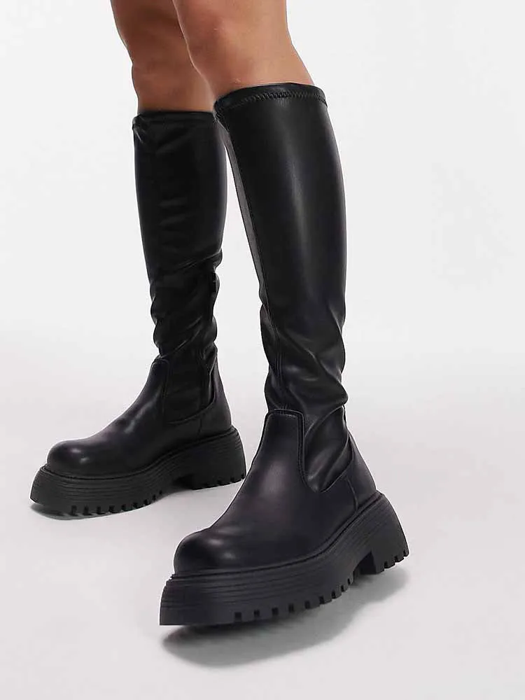 PU Leather Flat Heel Boots