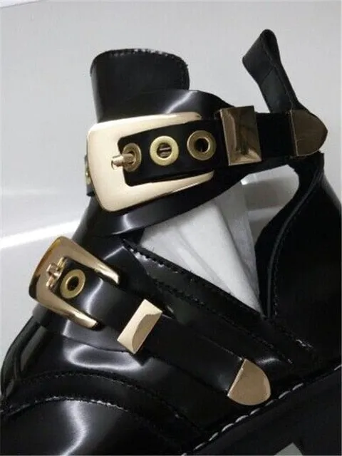 Punk Booties Buckle Straps Thick Heel Black Ankle Boots Cut Out Woman Boots Motorcycle Brand Designers Round Toe Summer Shoes