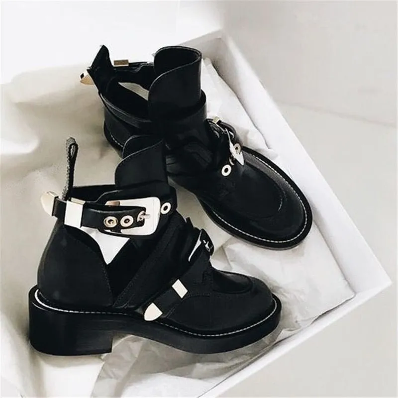 Punk Booties Buckle Straps Thick Heel Black Ankle Boots Cut Out Woman Boots Motorcycle Brand Designers Round Toe Summer Shoes