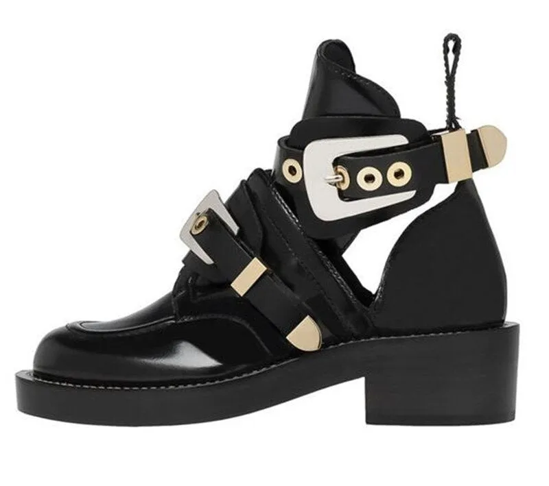 Punk Booties Buckle Straps Thick Heel Black Ankle Boots Cut Out Woman Boots Motorcycle Brand Designers Round Toe Summer Shoes