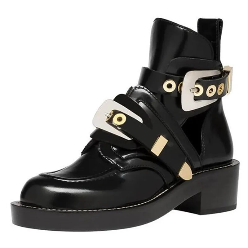 Punk Booties Buckle Straps Thick Heel Black Ankle Boots Cut Out Woman Boots Motorcycle Brand Designers Round Toe Summer Shoes