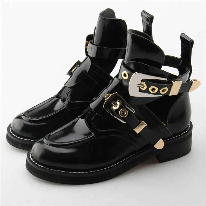 Punk Booties Buckle Straps Thick Heel Black Ankle Boots Cut Out Woman Boots Motorcycle Brand Designers Round Toe Summer Shoes
