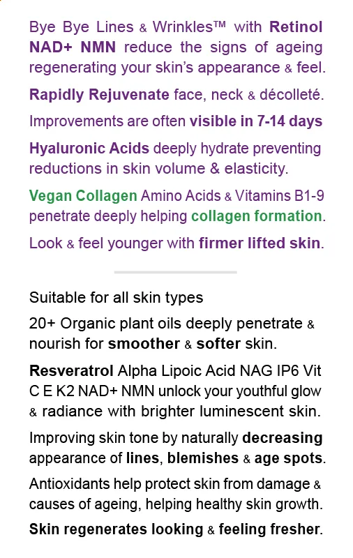 "Bye Bye Lines & Wrinkles" EVENING - Face & Skin Rejuvenation - Smooth & Soften, Lift & Tighten, NAD  NMN Retinol Hyaluronic Acid Aloe Vera