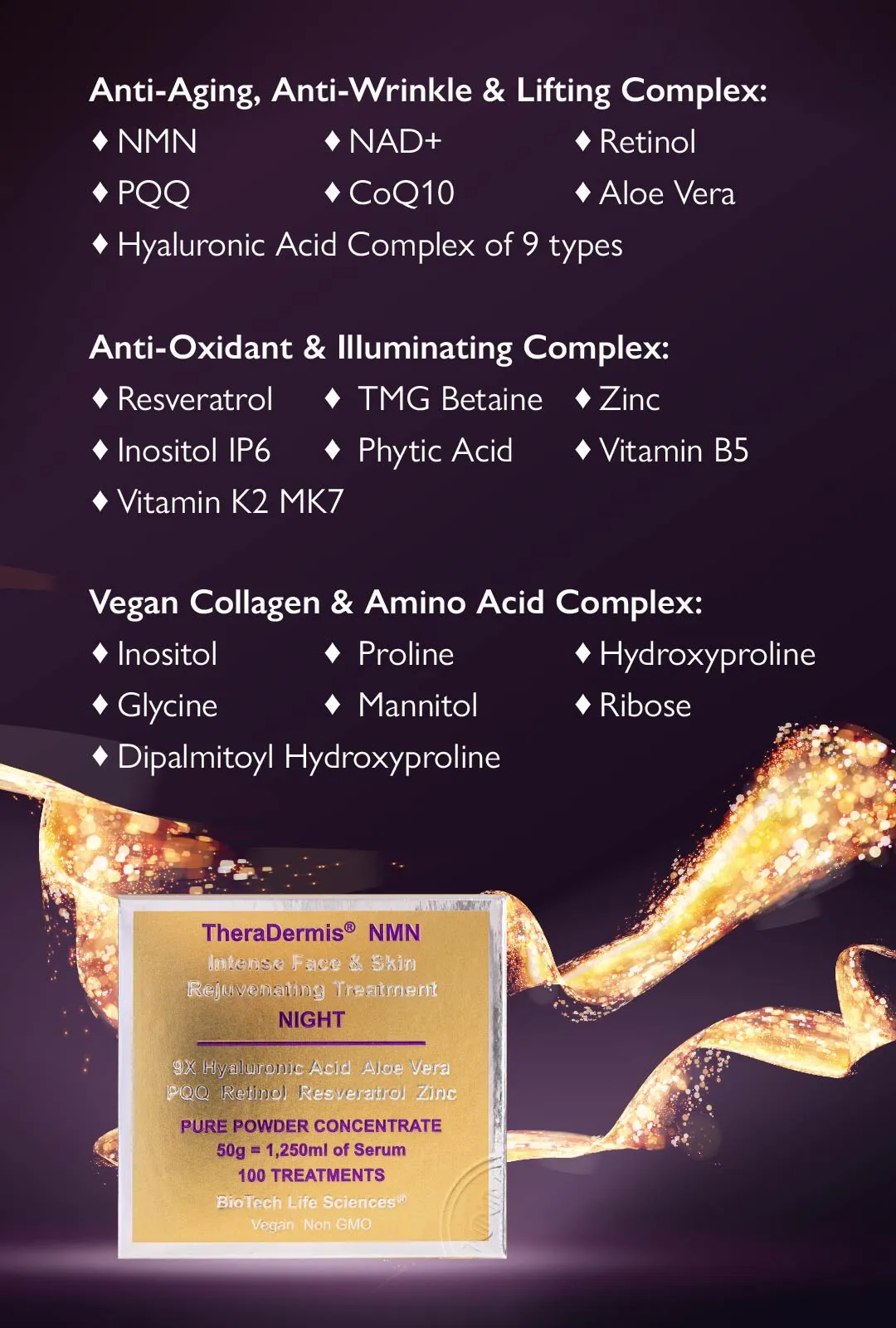 "Bye Bye Lines & Wrinkles" EVENING - Face & Skin Rejuvenation - Smooth & Soften, Lift & Tighten, NAD  NMN Retinol Hyaluronic Acid Aloe Vera