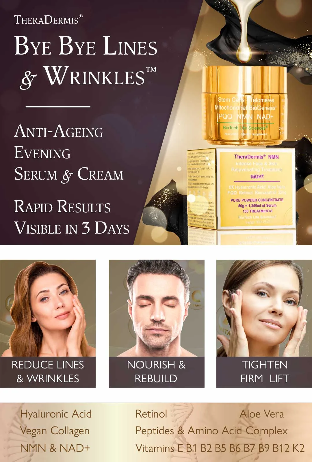 "Bye Bye Lines & Wrinkles" EVENING - Face & Skin Rejuvenation - Smooth & Soften, Lift & Tighten, NAD  NMN Retinol Hyaluronic Acid Aloe Vera