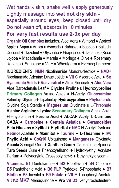 "Bye Bye Lines & Wrinkles" EVENING - Face & Skin Rejuvenation - Smooth & Soften, Lift & Tighten, NAD  NMN Retinol Hyaluronic Acid Aloe Vera