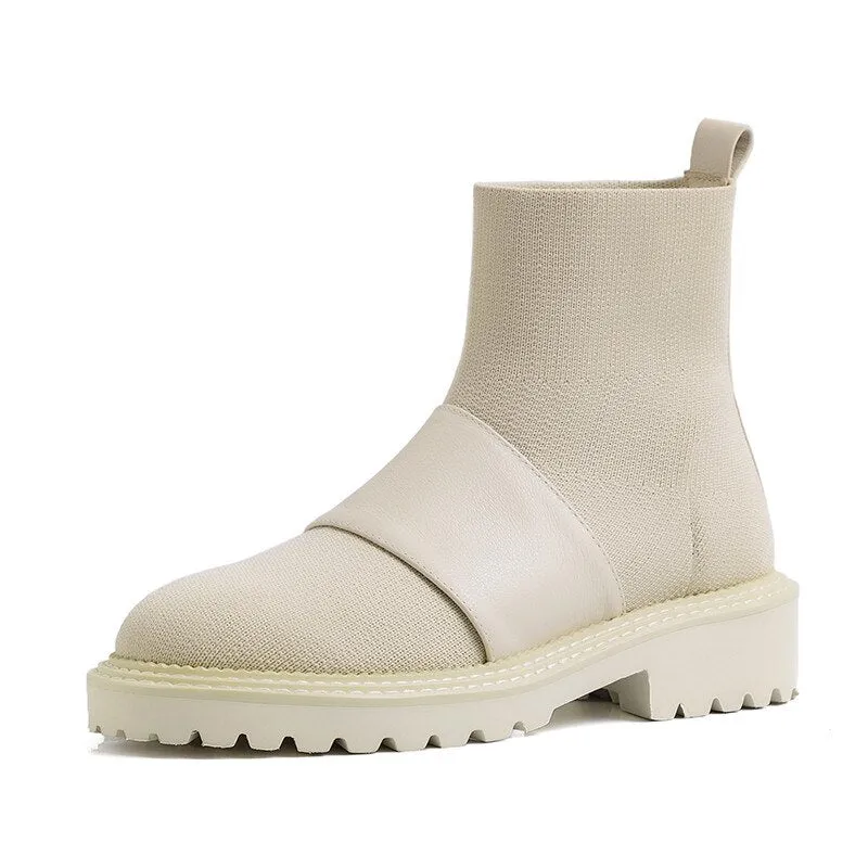 Rome Square Heels Women Knitting Ankle Boots Fashion Casual Office Shoes Woman Winter Newest Warm Female Short Boots