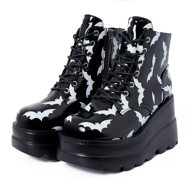 Shadow Wing' Black Patent Zipper Platform Boots