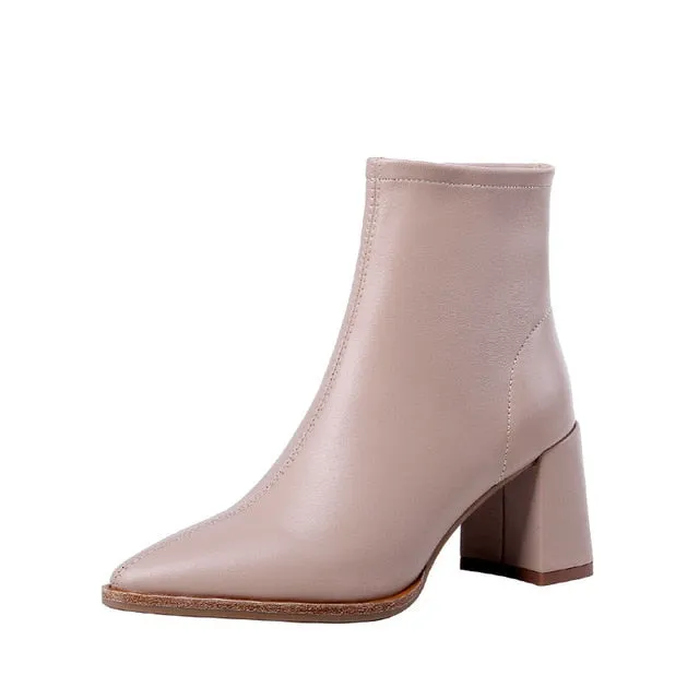 Sheepskin Boots Women Ankle Booties Pointed Toe Fashion Shoes Female Zip High Heels Party Shoes Ladies Spring Pink 2020