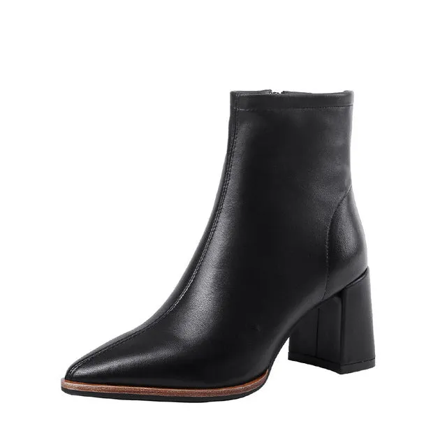 Sheepskin Boots Women Ankle Booties Pointed Toe Fashion Shoes Female Zip High Heels Party Shoes Ladies Spring Pink 2020