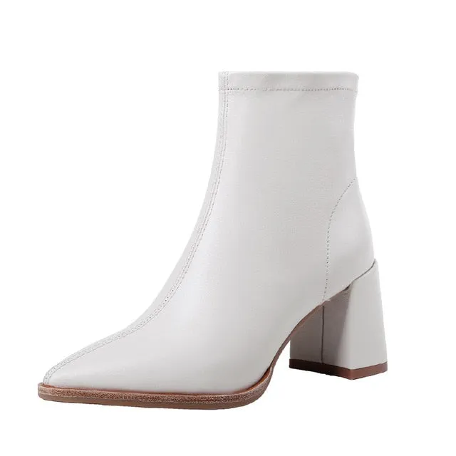Sheepskin Boots Women Ankle Booties Pointed Toe Fashion Shoes Female Zip High Heels Party Shoes Ladies Spring Pink 2020