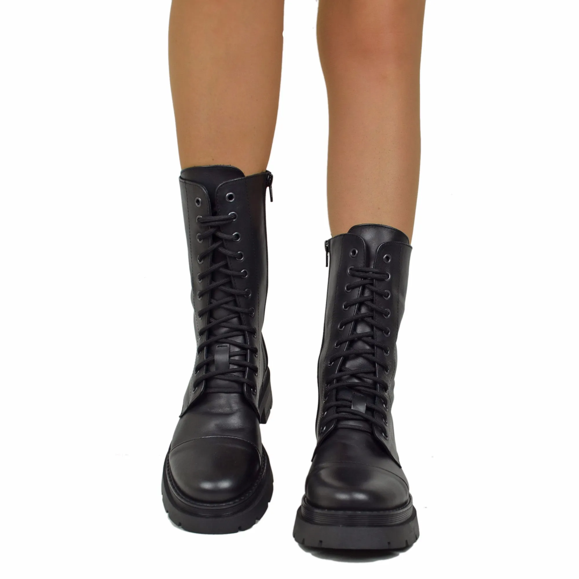 Stivali Donna Anfibi Neri con Zip e Fondo Platform Made in Italy