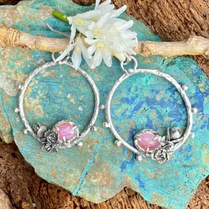 Succulents and pink saphhire hoop Earrings
