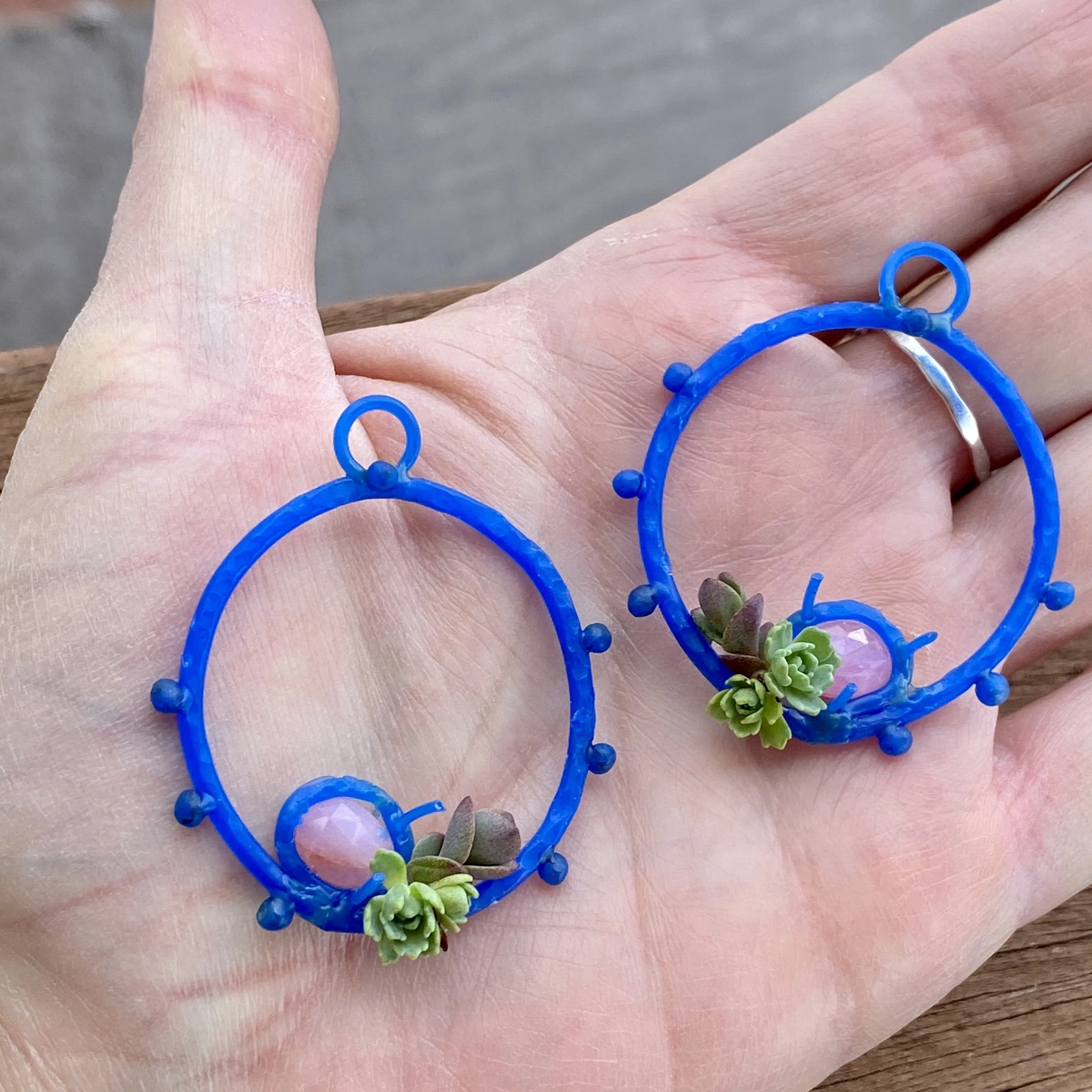 Succulents and pink saphhire hoop Earrings