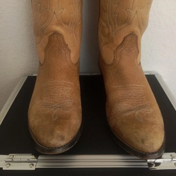 TONY LAMA Leather Cowboy Boots 2-Tone Brown Heels