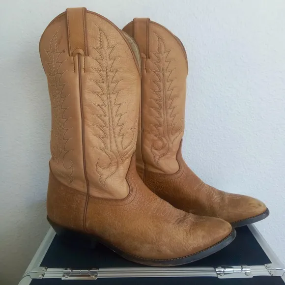 TONY LAMA Leather Cowboy Boots 2-Tone Brown Heels