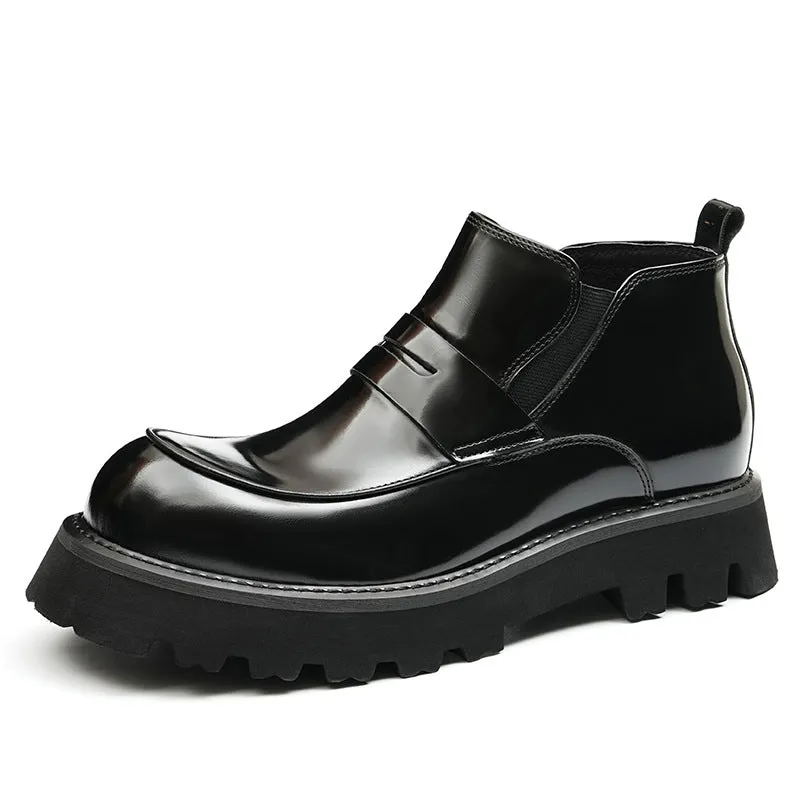 Top Layer Cowhide Men's Leather Shoes Wide Toe Shoes Fat Feet Men's Boots Winter Fleece-lined Warm Genuine Leather Glossy Platform Chelsea Boots23699