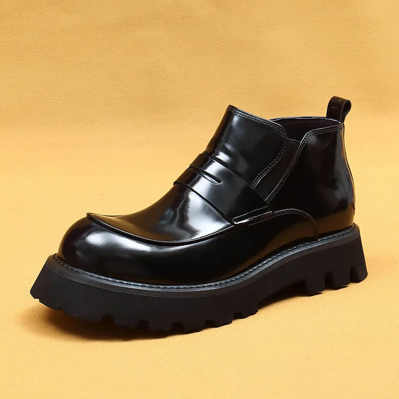 Top Layer Cowhide Men's Leather Shoes Wide Toe Shoes Fat Feet Men's Boots Winter Fleece-lined Warm Genuine Leather Glossy Platform Chelsea Boots23699